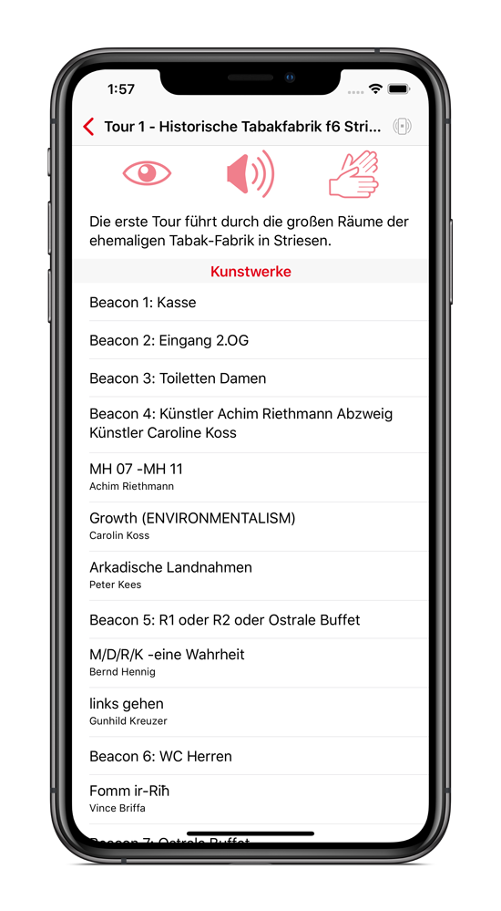 iPhone mit laufender AllSense-App welche sämtliche, in der Nähe befindlichen Ausstellungsstücke auflistet.