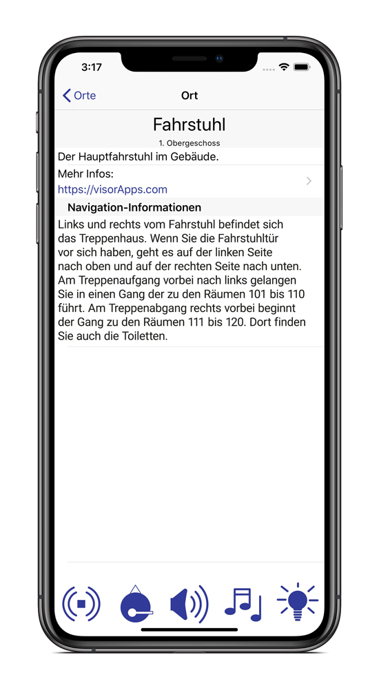 iPhone mit laufender BlindFind-App, in welcher Informationen und der Weg zu einem ausgewählten Ziel geliefert werden.