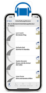 Iphone mit laufender Blibu-BHB-App. Auf dem Bildschirm ist die Katalogübersich abgebildet. Oben steht das Logo der Blibu-BHB-App.