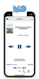 Iphone mit laufender Blibu-NBH-und-CB-App. Auf dem Bildschirm ist der Wiedergabemodus abgebildet. Oben steht das Logo der Blibu-NBH-und-CB-App.