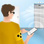 Titelmotiv des blindFind-Informations-Faltblatts. Ein blinder Mann orientiert sich anhand seines Smartphones und einer blindFind-Box, die über einem Fahrstuhl angebracht ist.