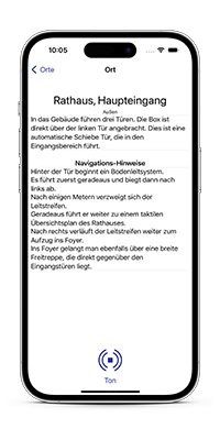 Iphone mit laufender blindFind-App. Abgebildet ist eine Detailansicht zu einem Navigationspunkt.