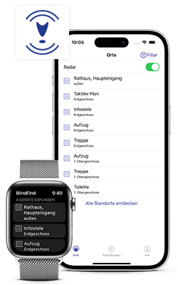 Iphone und Apple Watch mit laufender blindFind-App. Oben ist das Logo der App abgebildet.